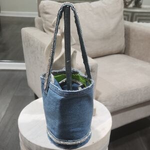 Stylish Blue Denim Bucket Bag With Bling Handcrafted